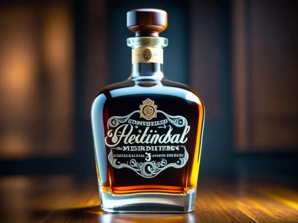Botella de whisky de vidrio soplado con firmas de destiladores famosos Detalle de una botella de whisky de vidrio soplado a mano con firmas de destiladores famosos, sobre superficie de madera oscura