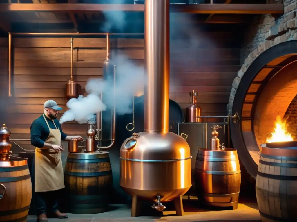 Detalle de destilación con técnicas avanzadas en bodega: alambique de cobre, destilador y barricas envejeciendo