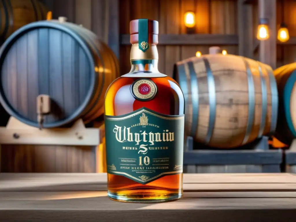 Etiqueta de whisky vintage: tradición destiladora en oro Detalle de etiqueta vintage de botella de whisky, con caligrafía ornamental dorada en destilería iluminada, evocando sofisticación y tradición