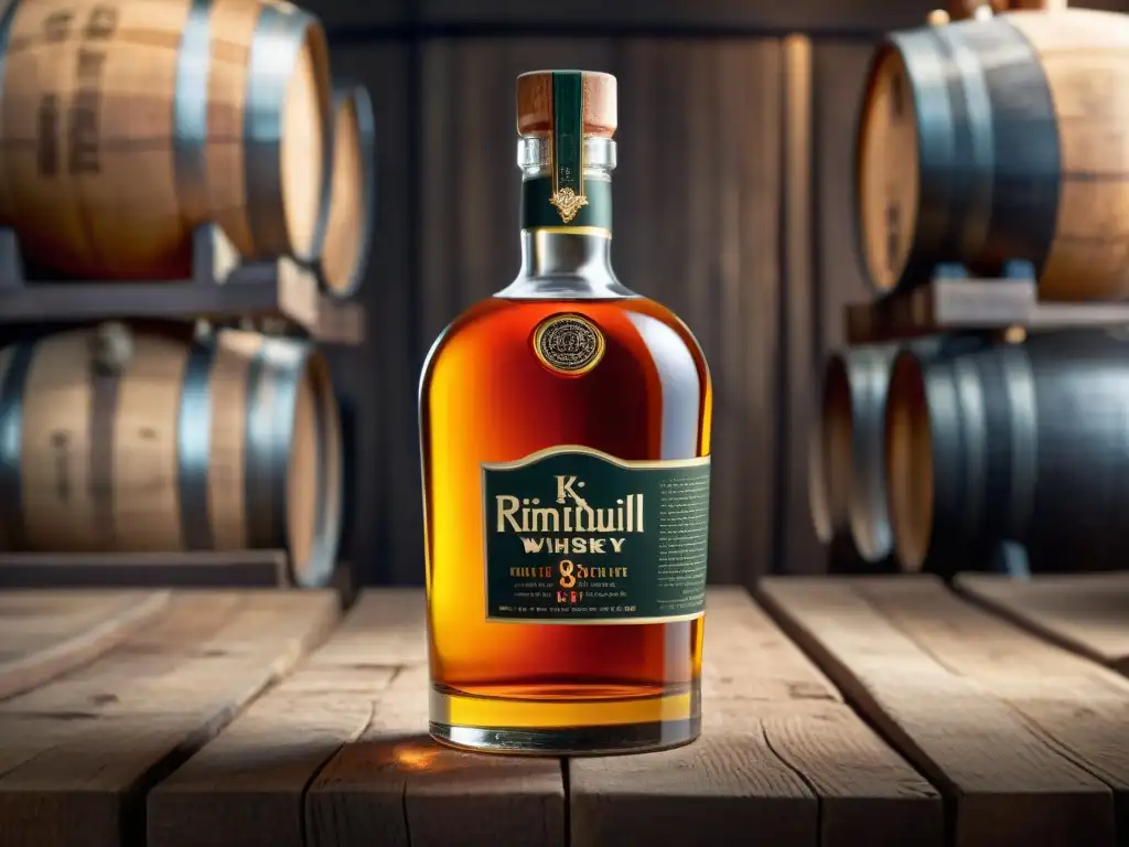 Botella de whisky vintage: detallada elegancia y tradición Detalle exquisito de una botella de whisky vintage en una destilería, evocando tradición y sofisticación