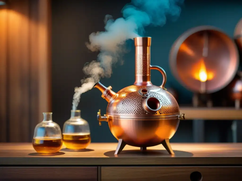 Alambique de cobre vintage: tradición y tecnología en destilación Detalle impresionante de un alambique de cobre vintage, reflejando luz cálida y engravings intrincados
