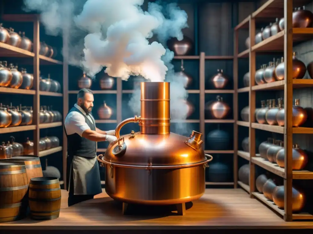 Detalle impresionante de una antigua destiladora de cobre en plena acción, con grabados intrincados resaltando el proceso