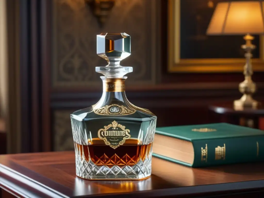 Decantador de cristal vintage: lujo y elegancia en ambiente refinado Detalle lujoso: decantador de cristal vintage con whisky dorado, sobre mesa de caoba en ambiente elitista de estudio
