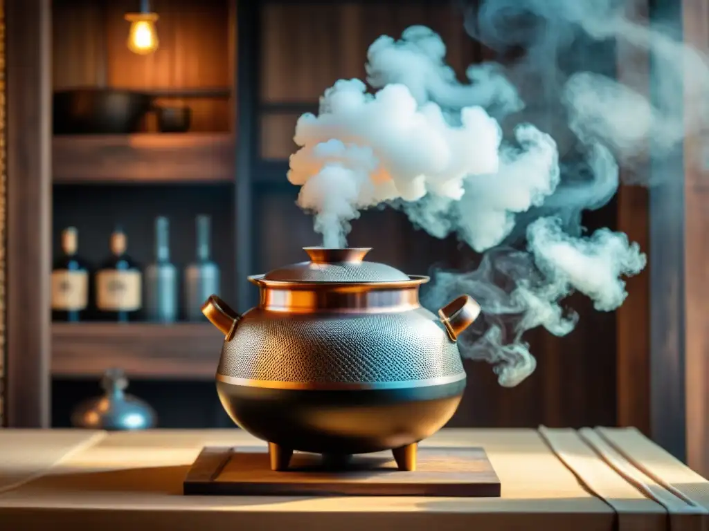 Alambique japonés de cobre: arte y tradición ancestral Detalle de una olla de cobre japonesa en destilerías antiguas de Japón
