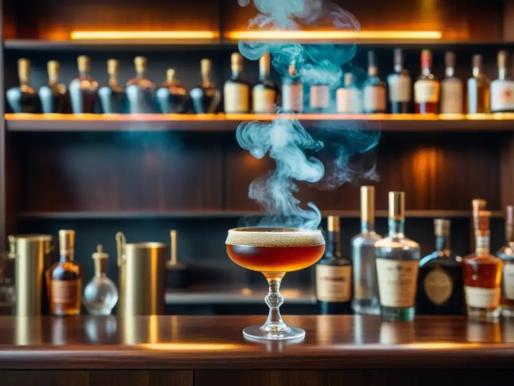Exquisita pipa de fumar vintage en elegante bar de cócteles Detalle de técnica para ahumar cócteles en elegante bar vintage