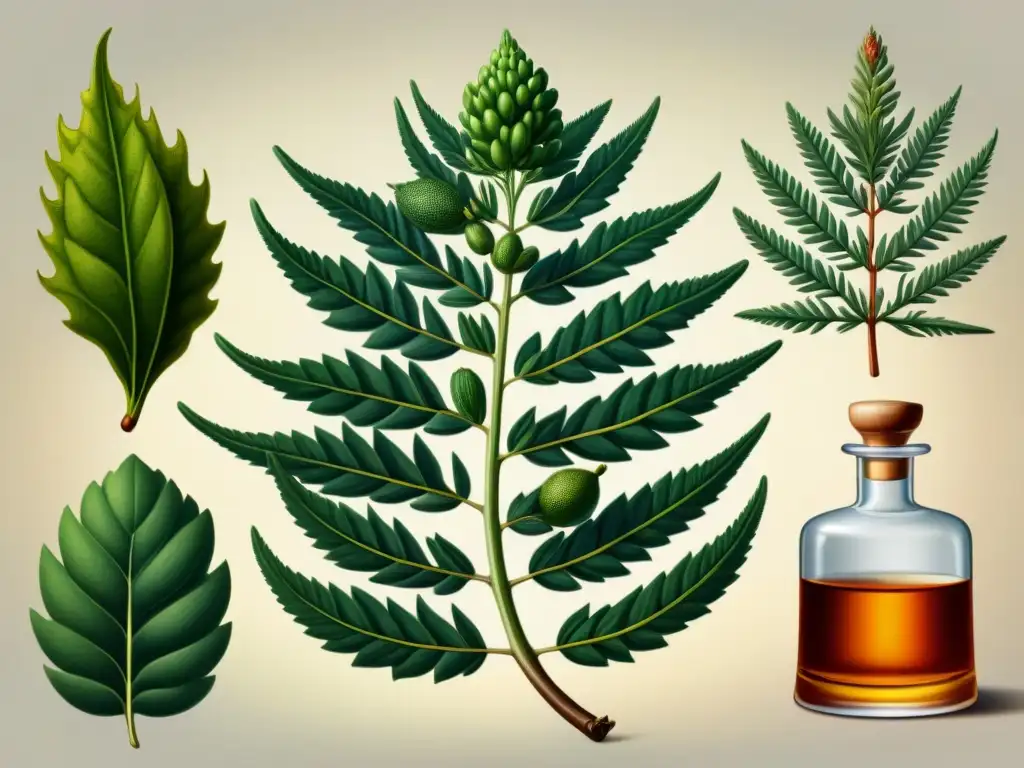 Exquisita ilustración botánica vintage para destilación de licores Detalle vibrante de ilustración botánica antigua con botánicos en destilación de licores