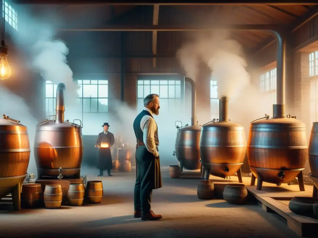 Destilería antigua: historia y tradición en 8k Detalle vintage de destilería antigua con alambiques de cobre, barriles de madera y trabajadores elaborando licores