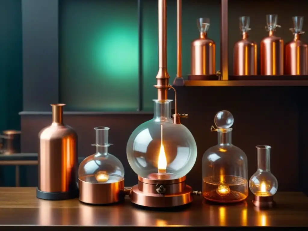 Destilación de cobre: un laboratorio vintage cautivador Detalle vintage de aparato de destilación en cobre en un laboratorio atmosférico