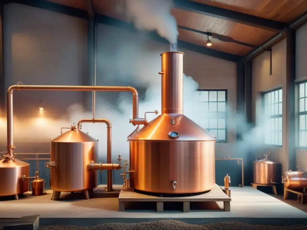 Cobre brillante: destilación de alcohol con tradición y sustentabilidad Detalle vintage de destilación de bebidas alcohólicas modernas en una destilería rústica
