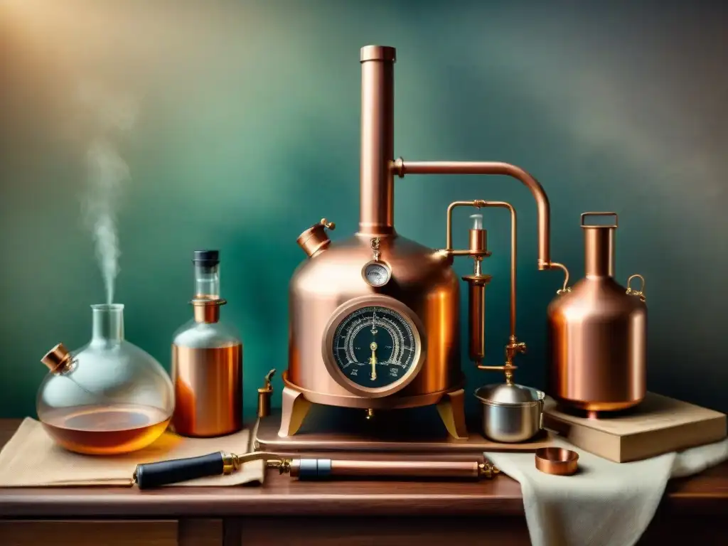 Detallado diagrama de destilación casera en cobre Detalle vintage de un kit casero de destilación en cobre, envejecido sobre papel pergamino