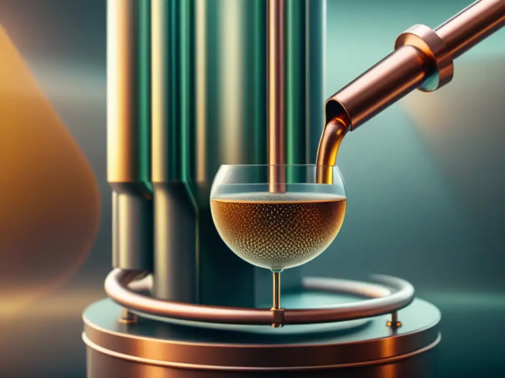 Nano partículas en sistema de filtración para destilación Detalle vintage de nanotecnología en filtración de destilados, con estructuras metálicas en tonos de cobre, oro y plata