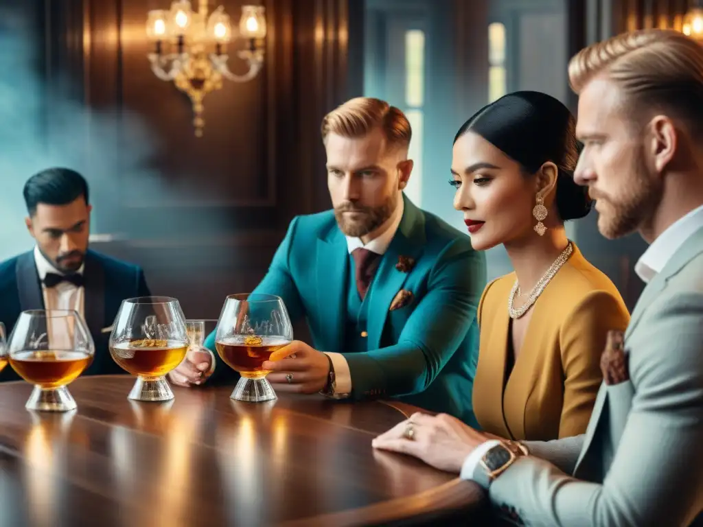 Degustación digital de whisky: fusión de tradición y tecnología Transformación digital de eventos de catas de destilados: profesionales diversos disfrutan de una elegante degustación de whisky en línea