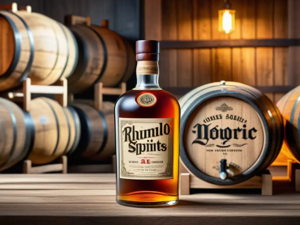 Botella vintage de licor: artesanía y elegancia en destilería Diseño de empaque para destilados: Botella vintage con detalles grabados en una bodega iluminada, evocando historia y artesanía