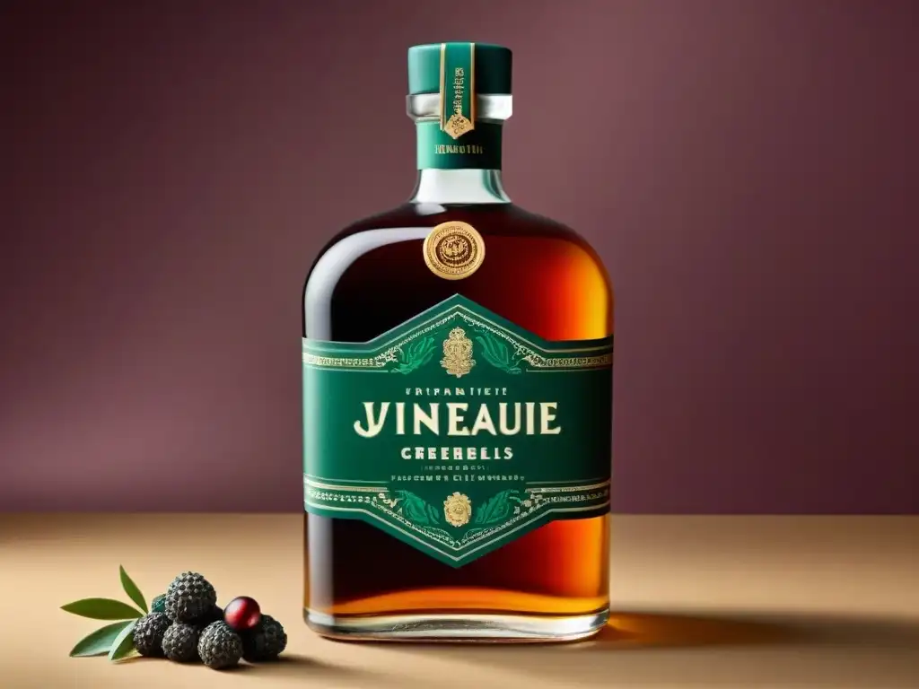 Botella de licor vintage detallada: diseño premium con detalles botánicos Diseño de empaque para destilados con detalles botánicos y elegante paleta de colores