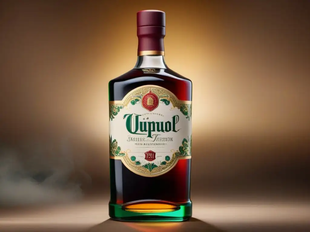 Etiqueta de licor vintage: lujo y tradición en ilustración detallada Un diseño de empaque para destilados que irradia elegancia y tradición con motivos florales y caligrafía sofisticada en una etiqueta vintage