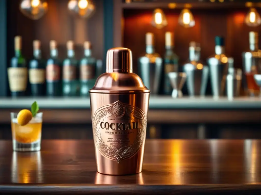 Coctelera de cobre envejecida: arte vintage de cócteles Un elegante agitador de cócteles en cobre envejecido, con recetas grabadas, sobre una barra de madera rústica