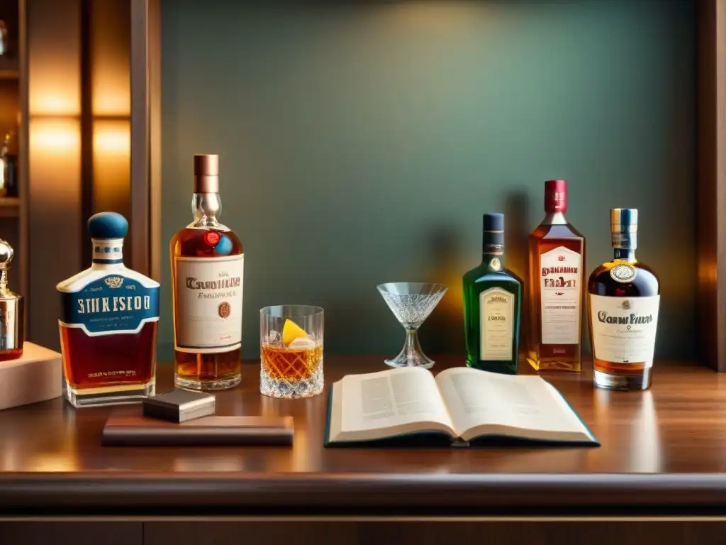 Un elegante bar casero con licores premium, copas de cristal y libro de recetas