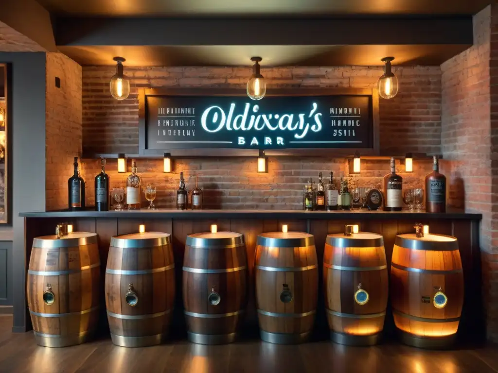 Bar clandestino: Barriles envejeciendo cócteles con encanto vintage Un elegante bar clandestino con barriles de madera vintage envejeciendo cócteles, destilación de bebidas alcohólicas modernas