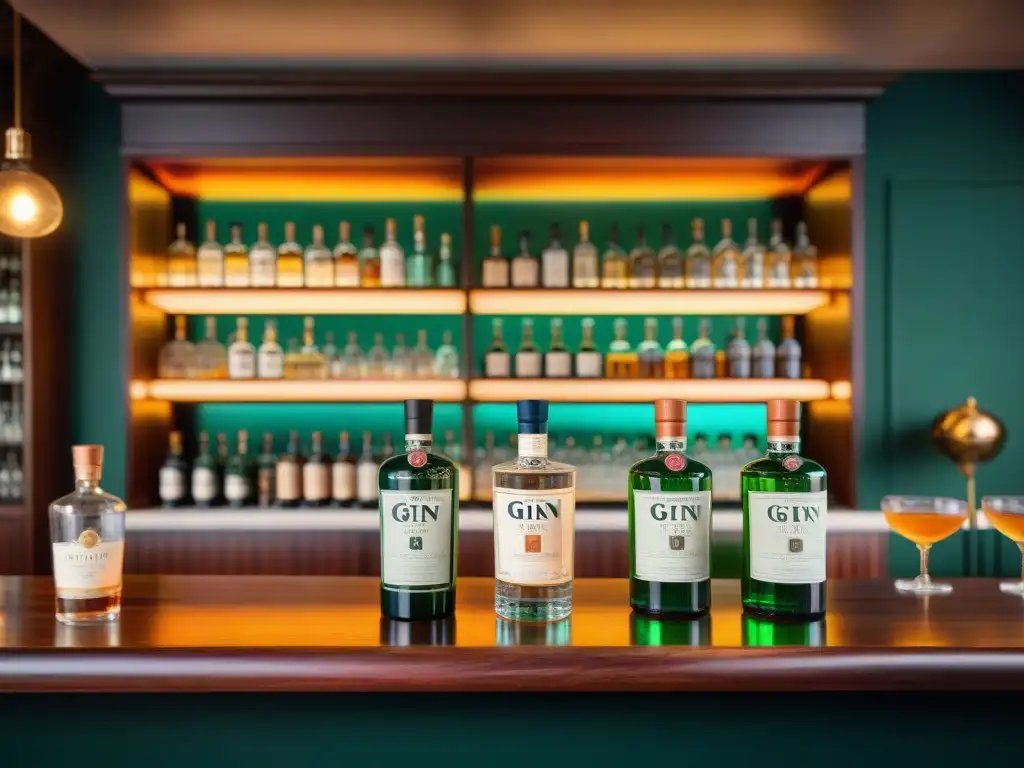 Exclusivo bar vintage en Londres con ginebras premium Un elegante bar vintage en Londres con catas premium de ginebra, iluminado por una tenue luz ámbar