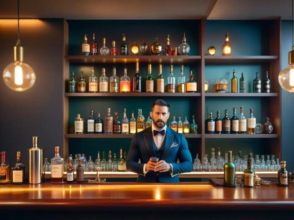 Bar vintage con mixólogo experto y cócteles premium Un elegante bar vintage con destilación de bebidas alcohólicas