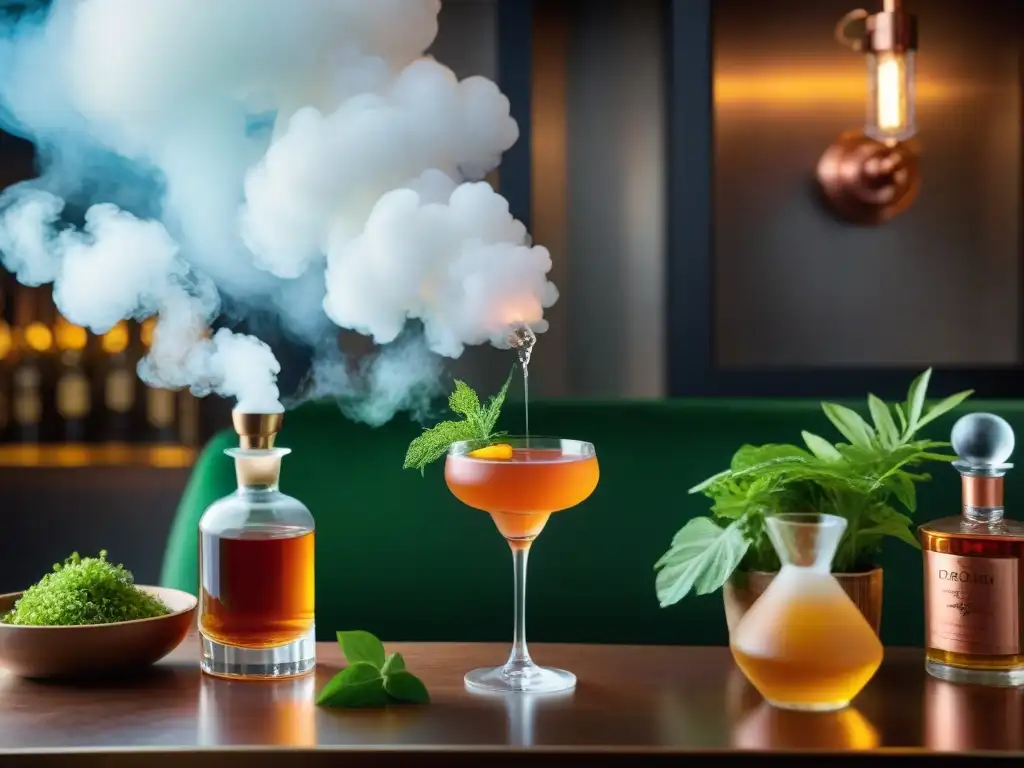 Armonía vegana y destilados modernos en bar vintage Un elegante bar vintage con destilación de bebidas alcohólicas moderna y exquisitos platillos vegetarianos