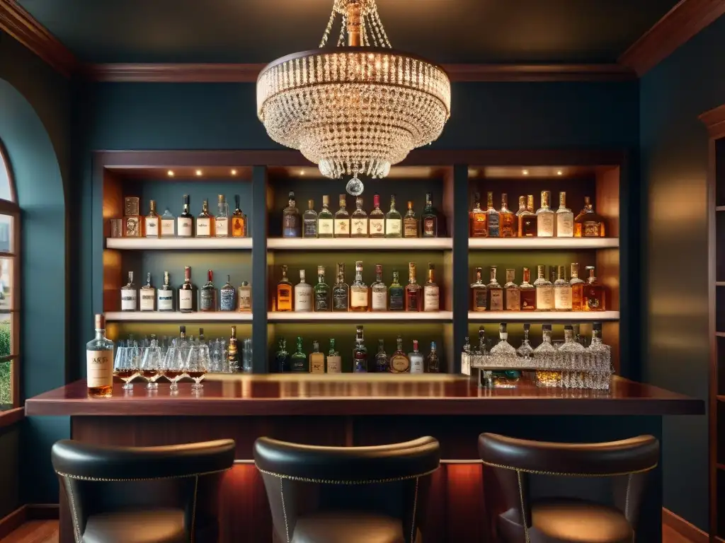 Un elegante bar de whisky vintage con marcas destilados premium recomendadas, cristalería y un cálido ambiente sofisticado