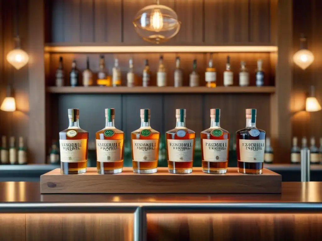 Barra de madera con licores premium orgánicos Una elegante barra de madera con botellas de Destilados Premium Sostenibles Orgánicos, iluminación cálida y ambiente sofisticado