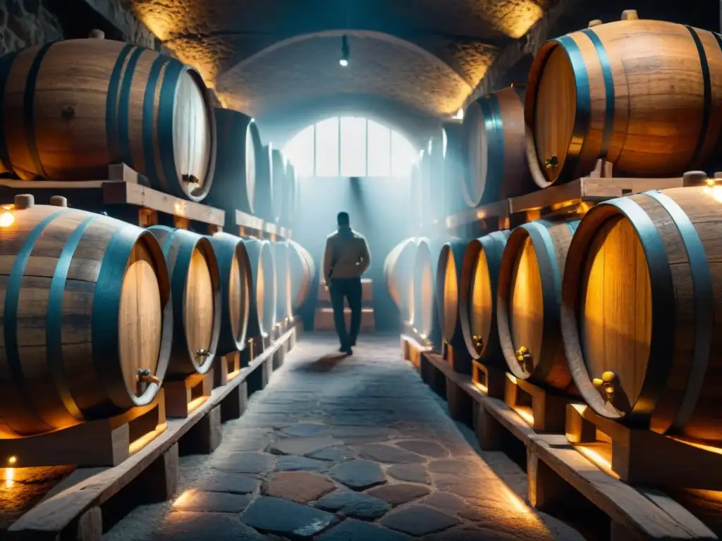 Cellar de destilería francesa: barricas de brandy en 8k Elegante bodega en Francia para destilación de brandy