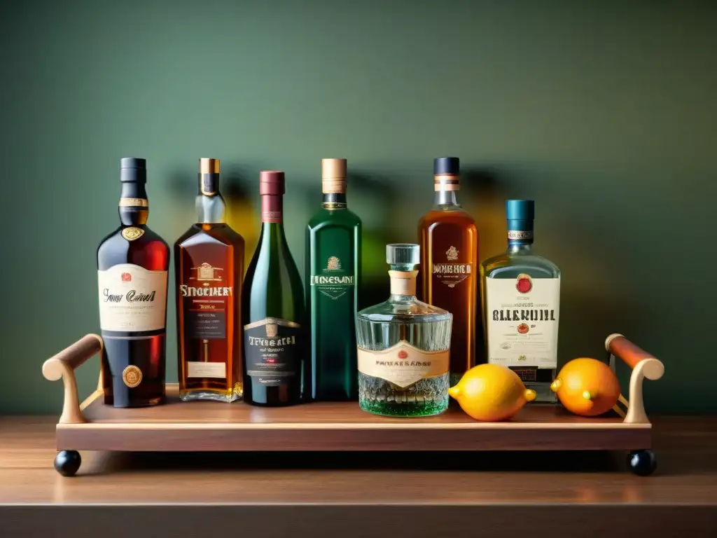 Una elegante carreta vintage de madera exhibiendo licores premium de todo el mundo
