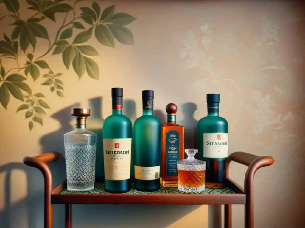 Bar cart vintage con licores elegantes y cristalería refinada Un elegante carrito de bar vintage con libros de iniciación mixología cócteles, botellas de licor y cristalería elegante