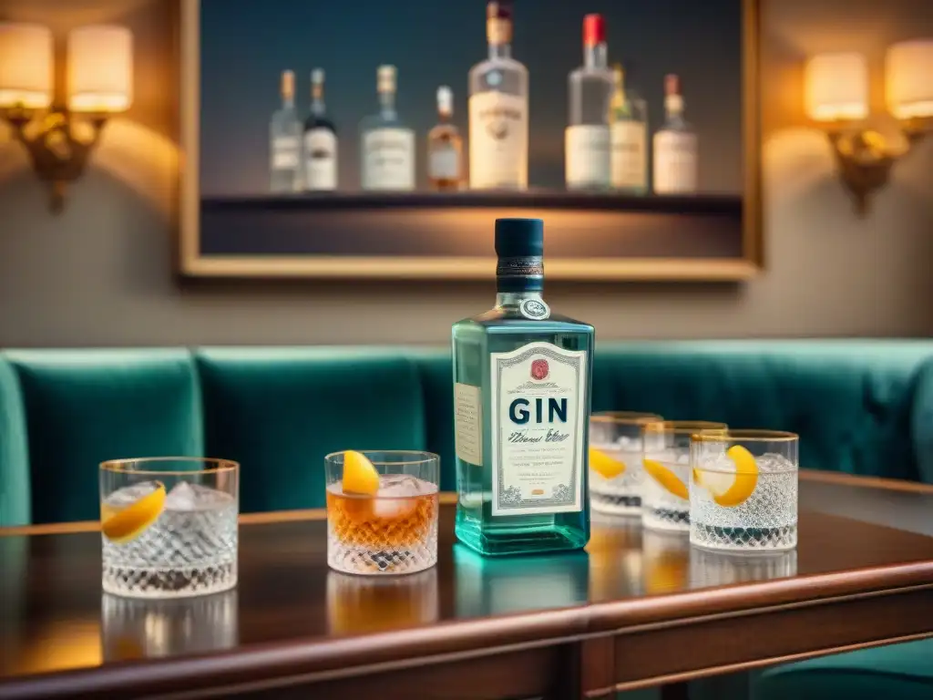Exclusiva cata de ginebra en Londres vintage Una elegante cata de ginebra en Londres, con botellas premium, cristalería refinada y un ambiente exclusivo y lujoso