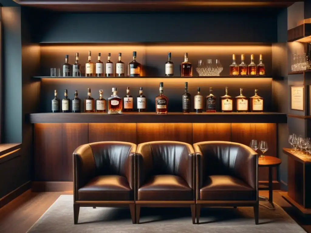 Sofisticada sala de cata de whisky vintage Un elegante club de whisky para paladar con muebles de caoba, butacas de cuero, botellas de whisky añejo y un ambiente refinado y sofisticado