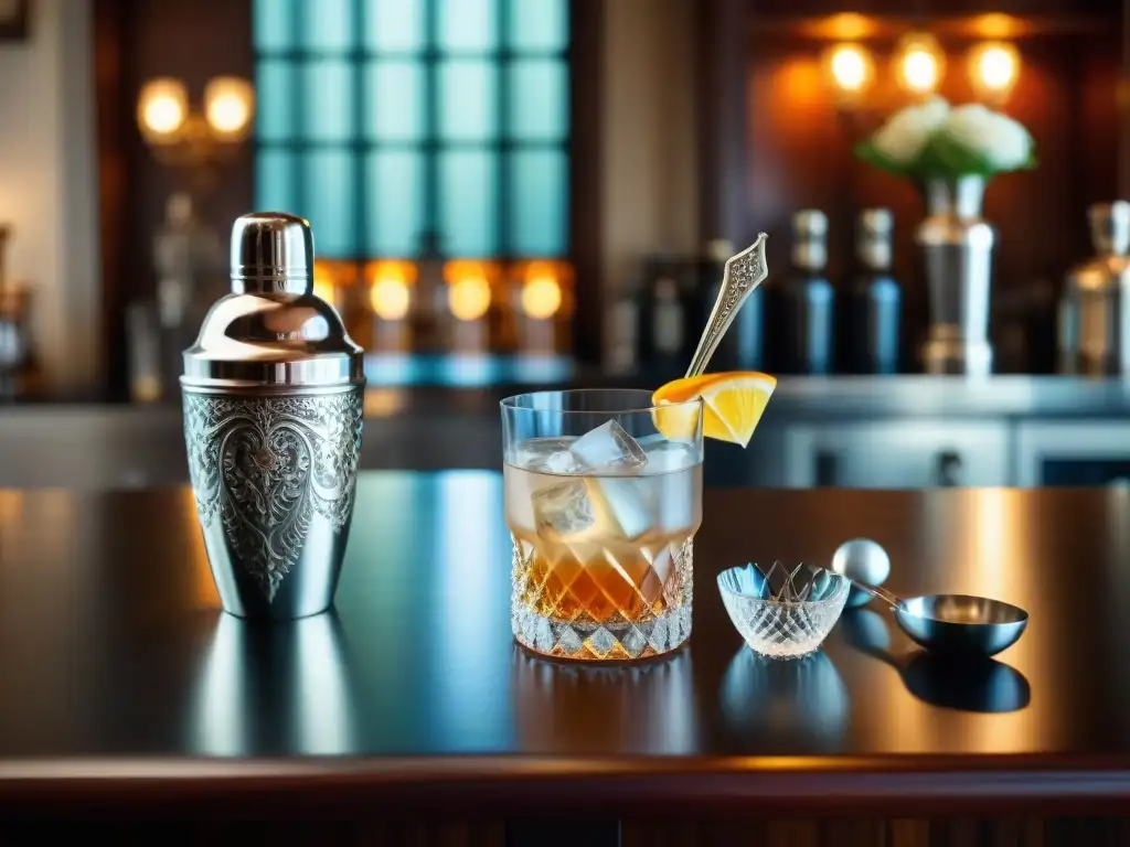 Esencia vintage: coctelera de plata con burbujas y brillo Un elegante coctelera plateada con grabados florales en una barra de caoba, llena de hielo y burbujas, evocando técnicas de carbonatación en cócteles