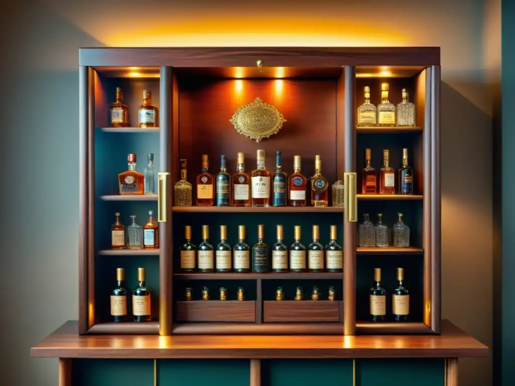 Gabinete vintage de licor con whiskies premium Presentación elegante de colección botellas destilación en gabinete de madera vintage con detalles de bronce, iluminación cálida