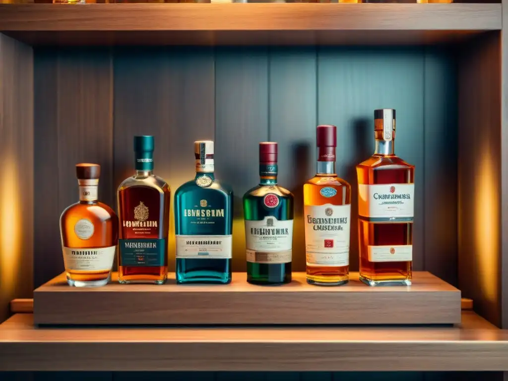 Una elegante colección de botellas de licores edición limitada en un estante de madera, iluminadas cálidamente