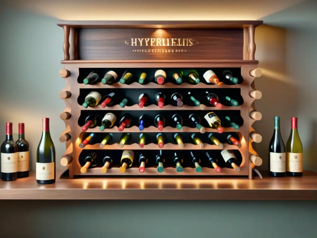 Exquisita bodega vintage: vinos de colección en detalle Una elegante colección de botellas de vino en un hermoso y detallado mueble de madera vintage, iluminado suavemente