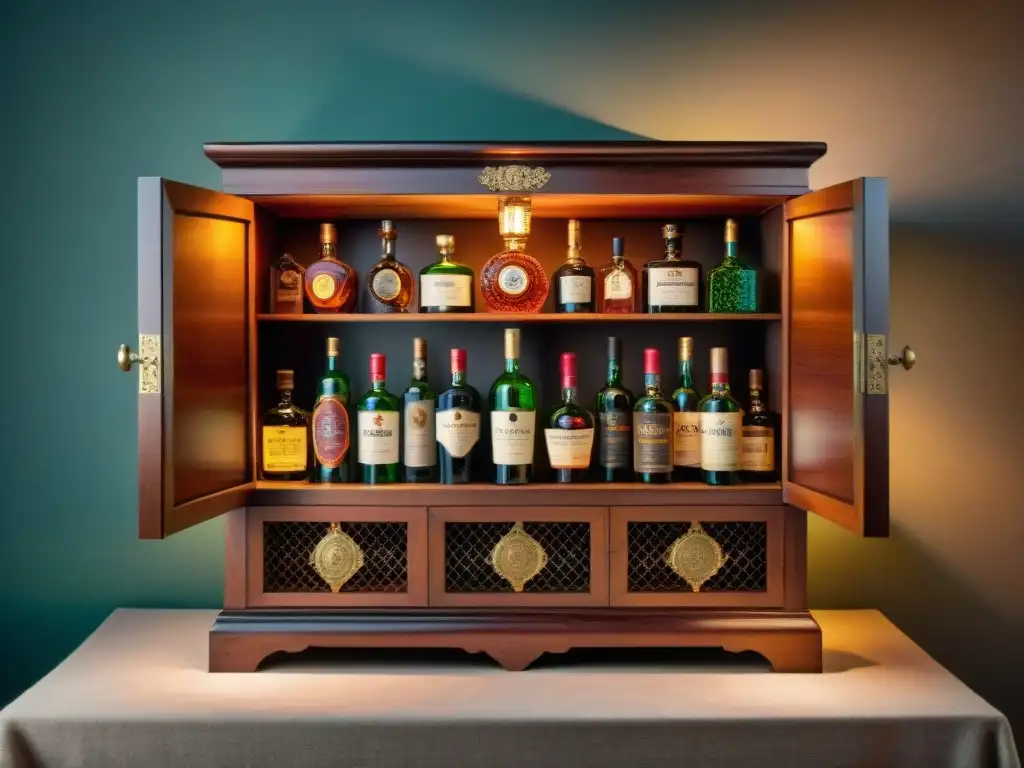 Cócteles de lujo: impresionante licorera vintage iluminada Una elegante y detallada gestión de colección de bebidas alcohólicas en un gabinete vintage de madera, iluminado suavemente
