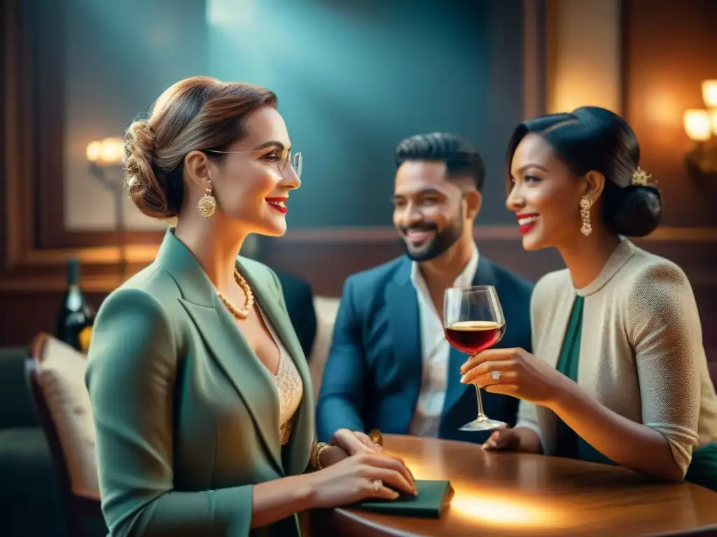 Reunión sofisticada: diversidad, elegancia y camaradería Un elegante encuentro social con beneficios del consumo moderado de bebidas alcohólicas