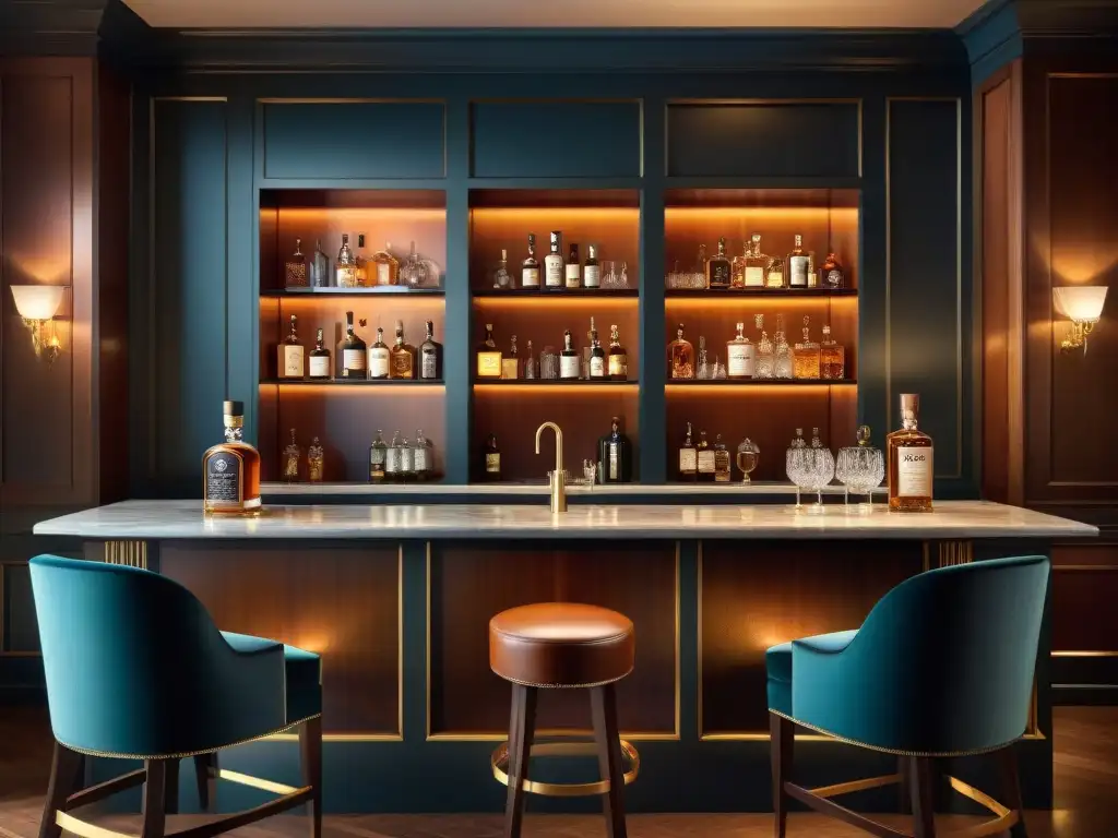 Barra de lujo: destiladores de alta gama en ambiente vintage Una elegante escena de destiladores de alta gama sofisticados en un lujoso bar hogareño