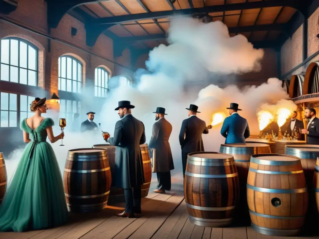 Evento histórico en destilería del siglo XX: elegancia y creatividad Elegante evento en destilería de principios de 1900 con técnicas creativas para aumentar ventas