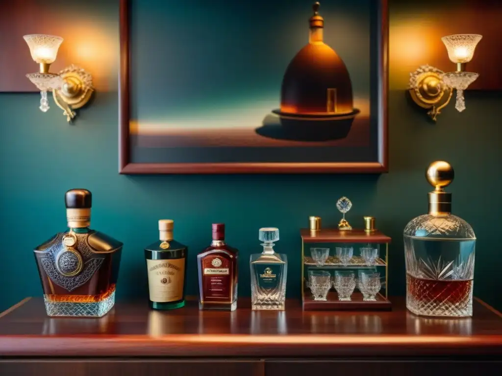 Barra de casa vintage con licores y cristalería elegante Una elegante gestión de colección de bebidas alcohólicas en un lujoso bar vintage