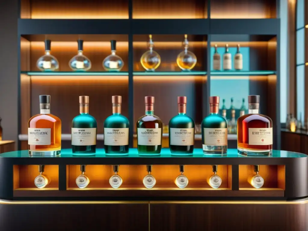 Bar vintage elegante: destilados sin alcohol exquisitos Un elegante mostrador de bar vintage con destilados sin alcohol, destiladores de junípero y cítricos
