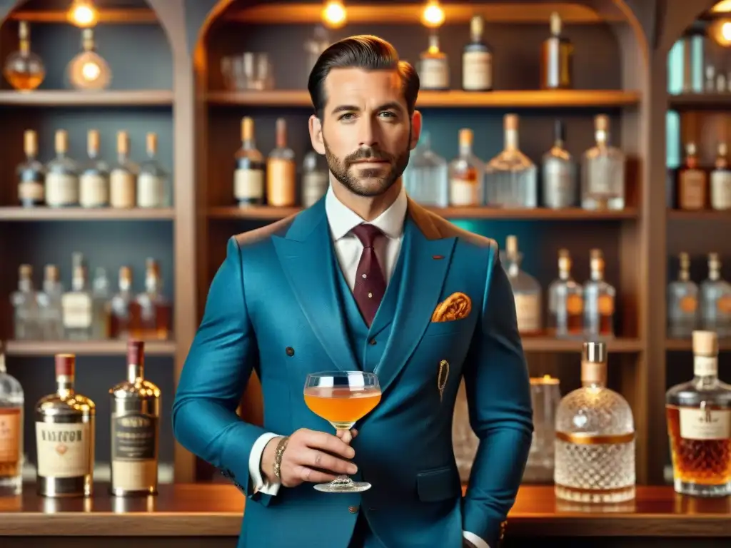 Destilación de Gin: Elegancia vintage en un ambiente clandestino Un elegante personaje en un traje a medida sostiene una copa de ginebra en una destilería vintage
