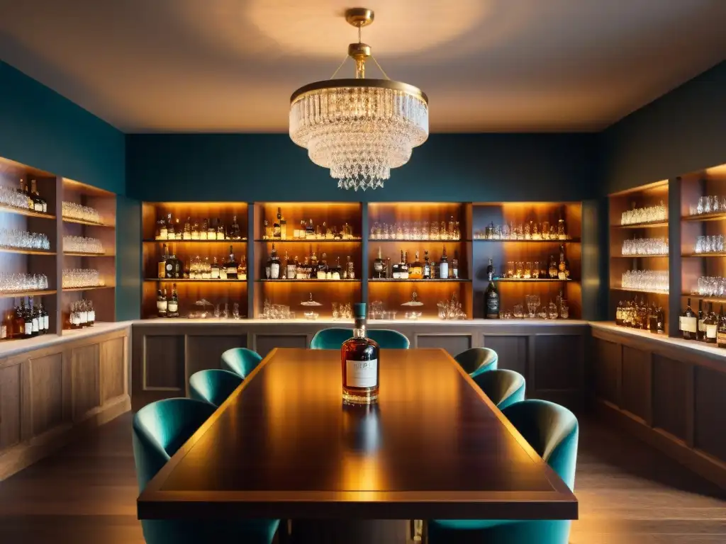 Salón de cata de whisky: sofisticación en detalle Una elegante sala de cata de whisky, iluminada suavemente, con estantes repletos de botellas de whisky envejecido de diversas formas y tamaños