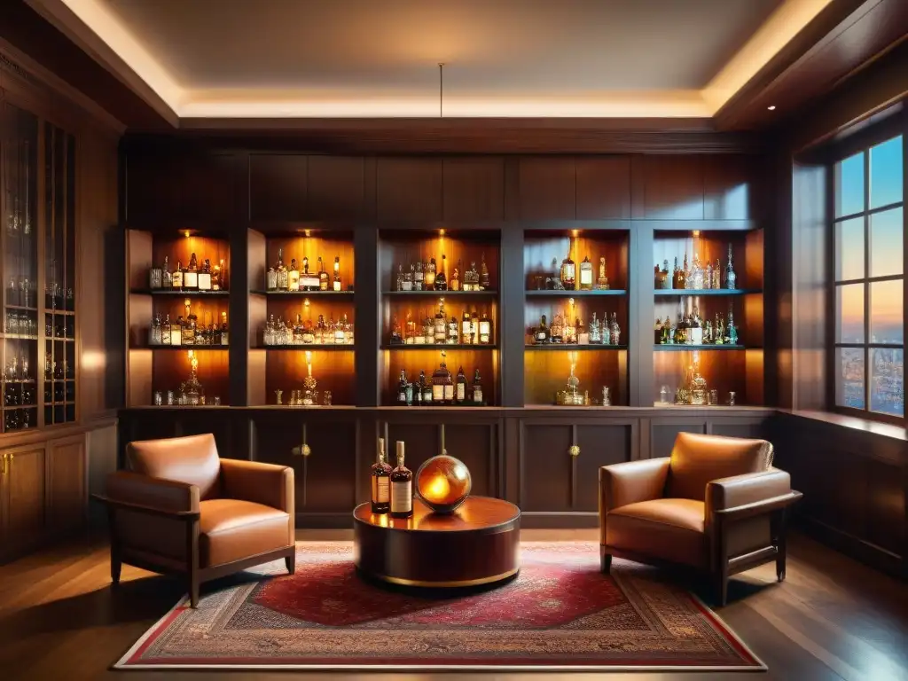 Salón de whisky de lujo: colección exclusiva y vintage Un elegante salón de colección de whisky con destilados raros, muebles lujosos y botellas valiosas en estantes de madera