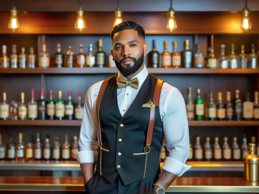 Uniforme de bartender vintage con detalle dorado en un bar clandestino Elegante vestimenta exclusiva para bartenders en un bar clandestino de los años 20