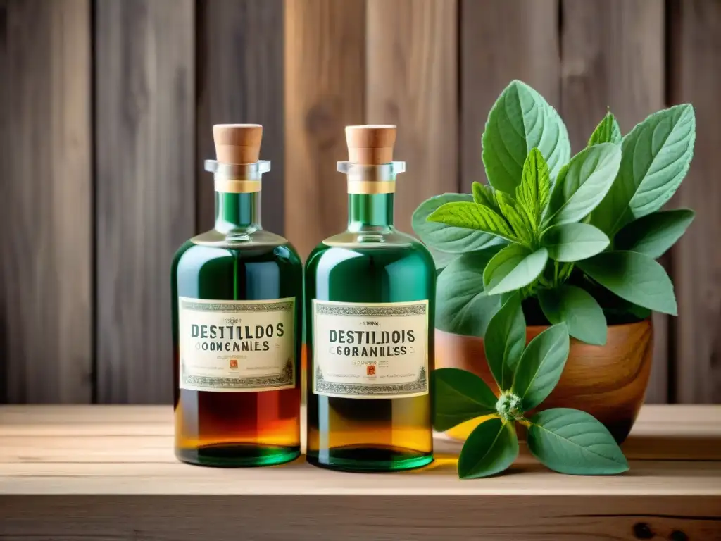 Destilados: Elegancia orgánica vs Dos elegantes botellas de destilados: una orgánica y otra convencional, detalladas y sofisticadas sobre una mesa de madera rústica con hierbas frescas