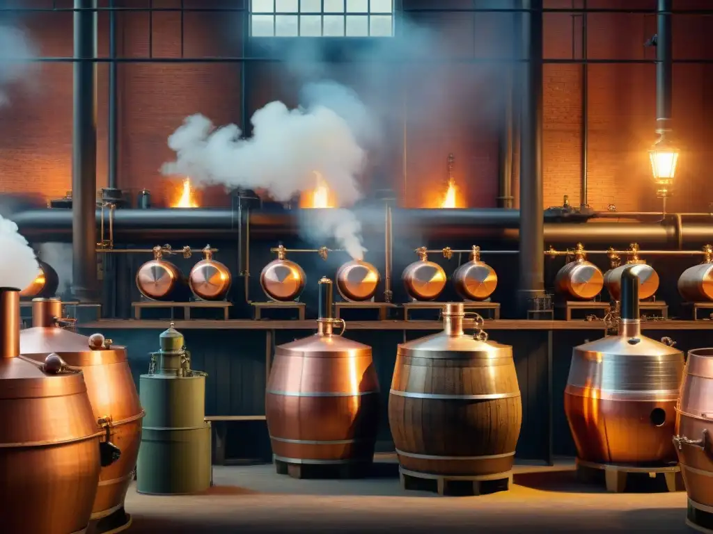 Escena detallada de destilería del siglo XIX Emotiva ilustración vintage de destilería del siglo XIX durante la Revolución Industrial destilación de bebidas espirituosas