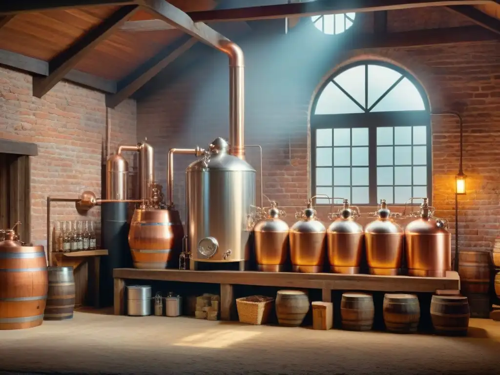 Microdestilería vintage en campo encantador | Equipo de cobre y barricas en cálida luz Encantadora destilación artesanal de bebidas alcohólicas en un rústico alambique de cobre en un granero de campo