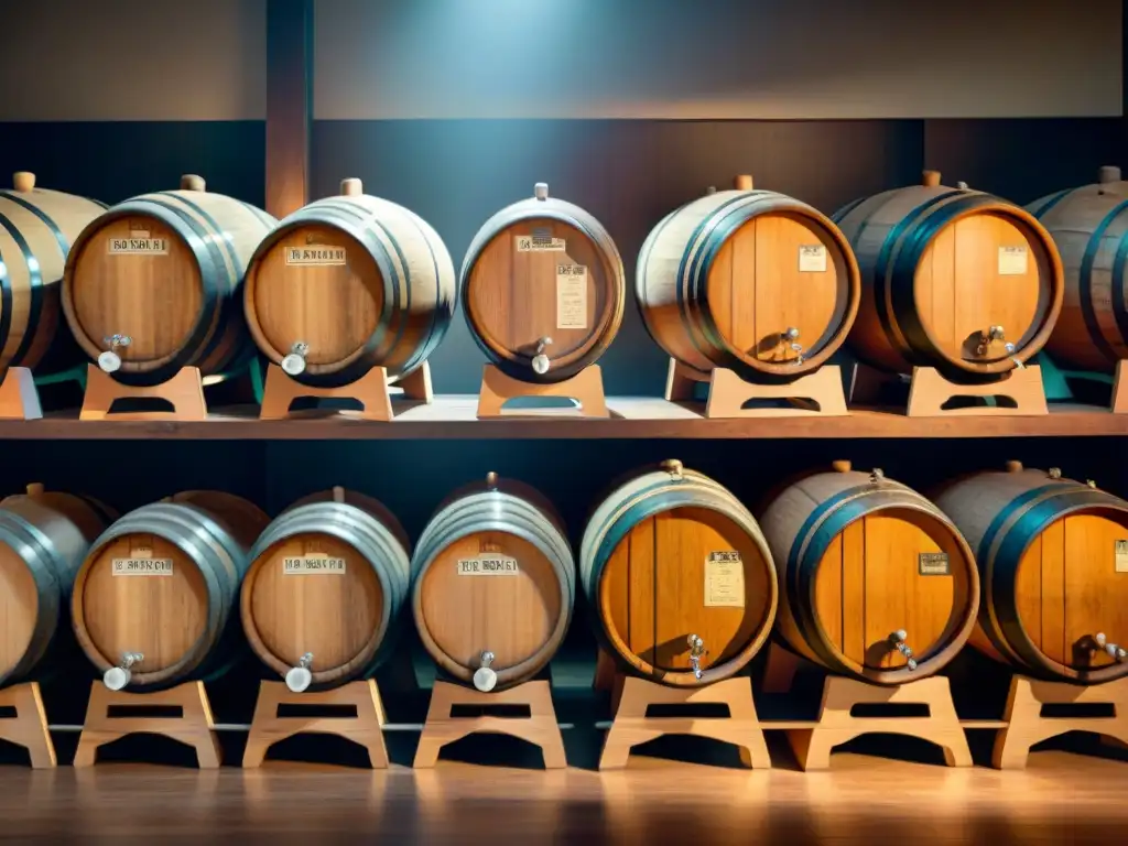 Envejecimiento de bebidas alcohólicas en barriles de madera, escena cautivadora de transformación en una bodega